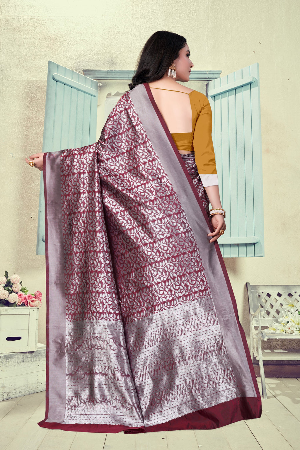 Vedant Vastram Litchi Silk Designer Banarasi Saree - Maroon