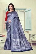 Vedant Vastram Litchi Silk Designer Banarasi Saree - Navy Blue