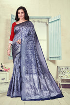 Vedant Vastram Litchi Silk Designer Banarasi Saree - Navy Blue