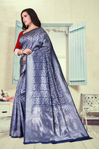 Vedant Vastram Litchi Silk Designer Banarasi Saree - Navy Blue