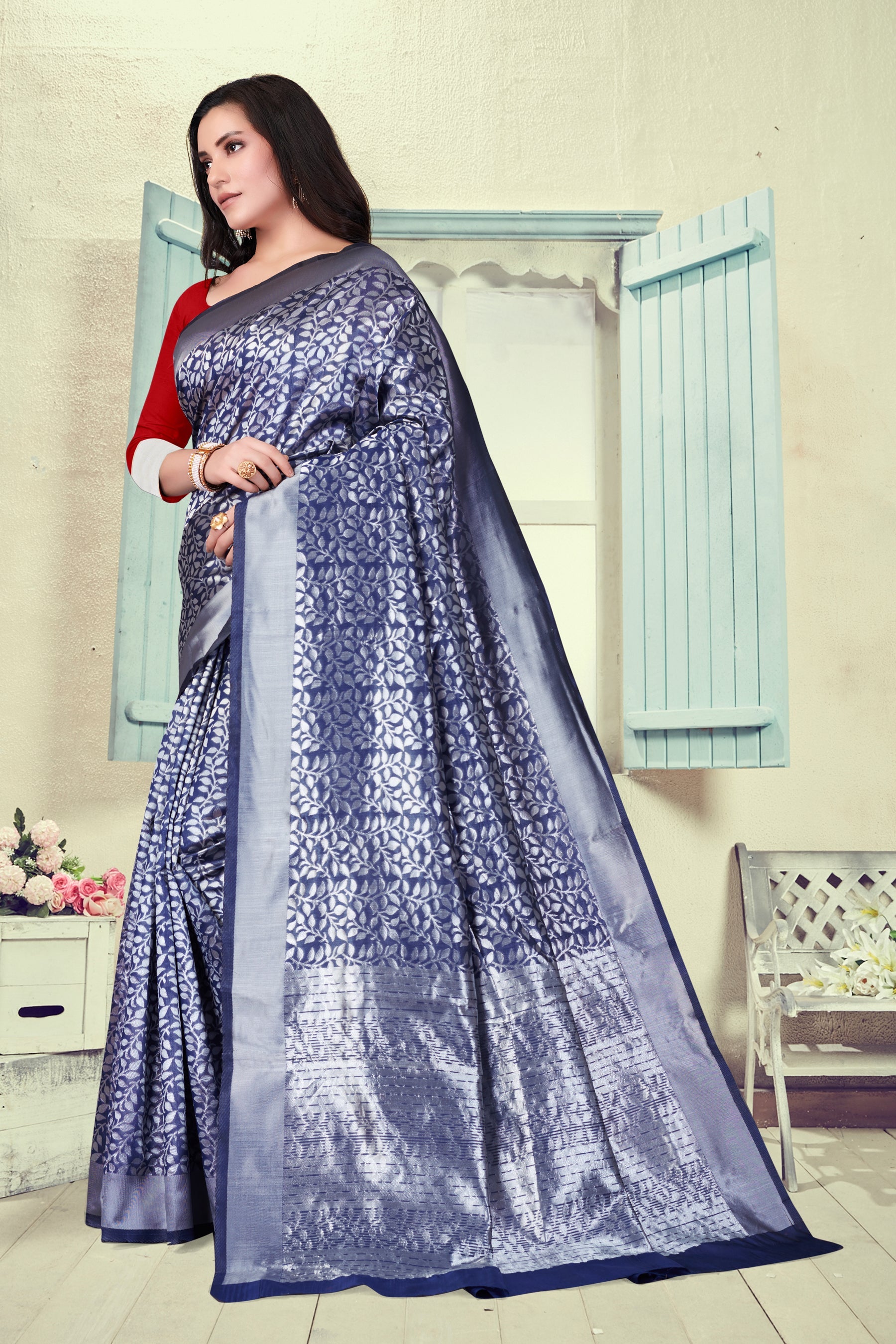 Vedant Vastram Litchi Silk Designer Banarasi Saree - Navy Blue