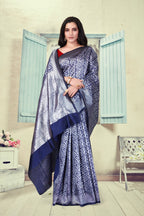Vedant Vastram Litchi Silk Designer Banarasi Saree - Navy Blue