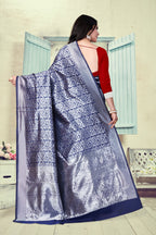 Vedant Vastram Litchi Silk Designer Banarasi Saree - Navy Blue
