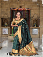Vedant Vastram Soft Litchi Silk Paithani Jacquard Saree - Green