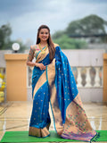 Vedant Vastram Soft Litchi Silk Paithani Jacquard Saree - Firozi