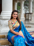 Vedant Vastram Soft Litchi Silk Paithani Jacquard Saree - Firozi