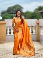 Vedant Vastram Soft Litchi Silk Paithani Jacquard Saree - Mustard
