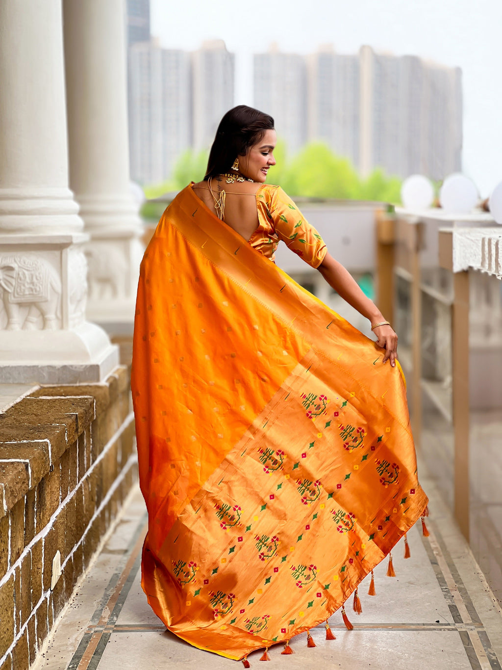 Vedant Vastram Soft Litchi Silk Paithani Jacquard Saree - Mustard
