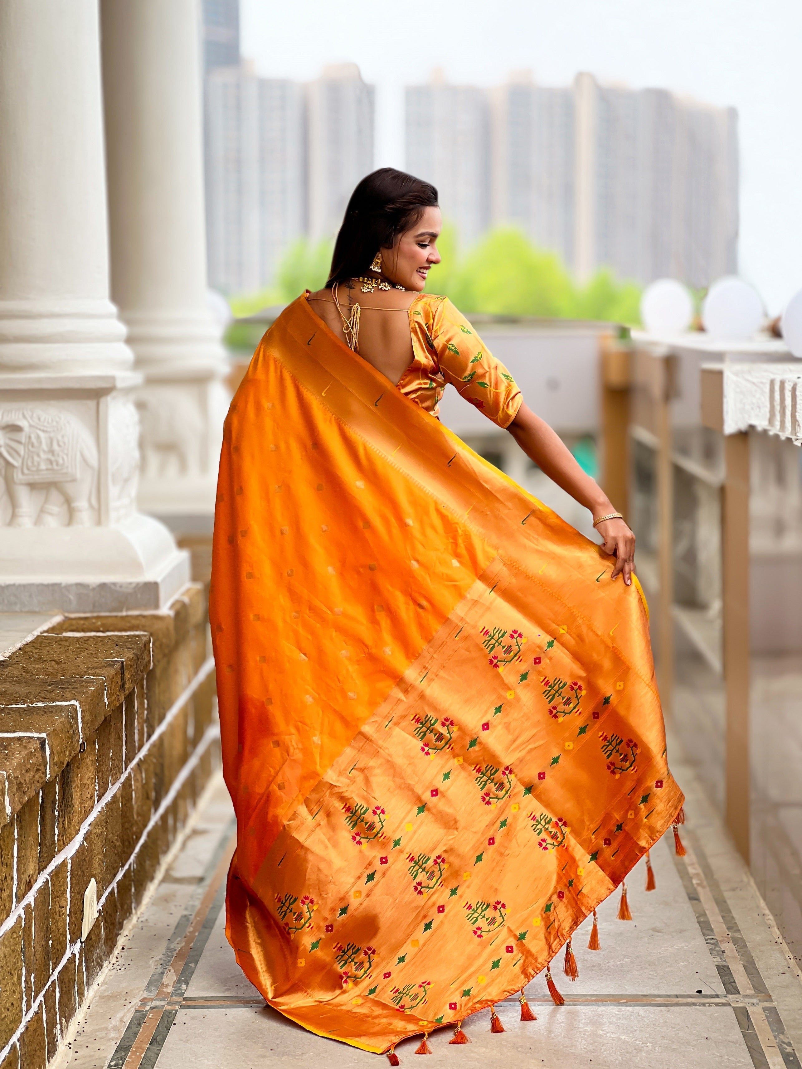 Vedant Vastram Soft Litchi Silk Paithani Jacquard Saree - Mustard