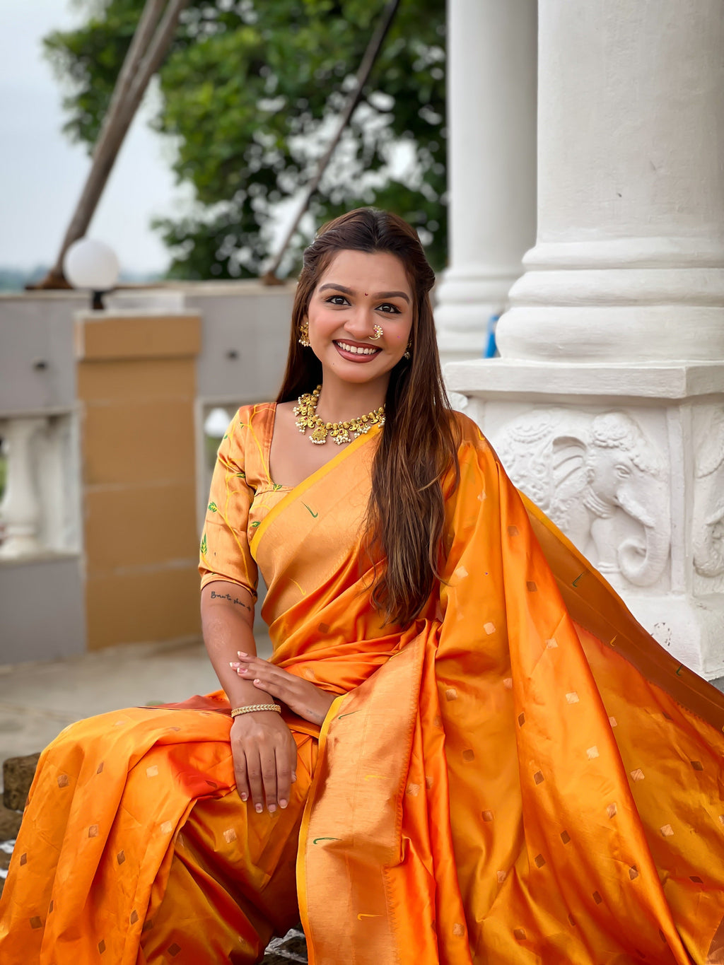 Vedant Vastram Soft Litchi Silk Paithani Jacquard Saree - Mustard