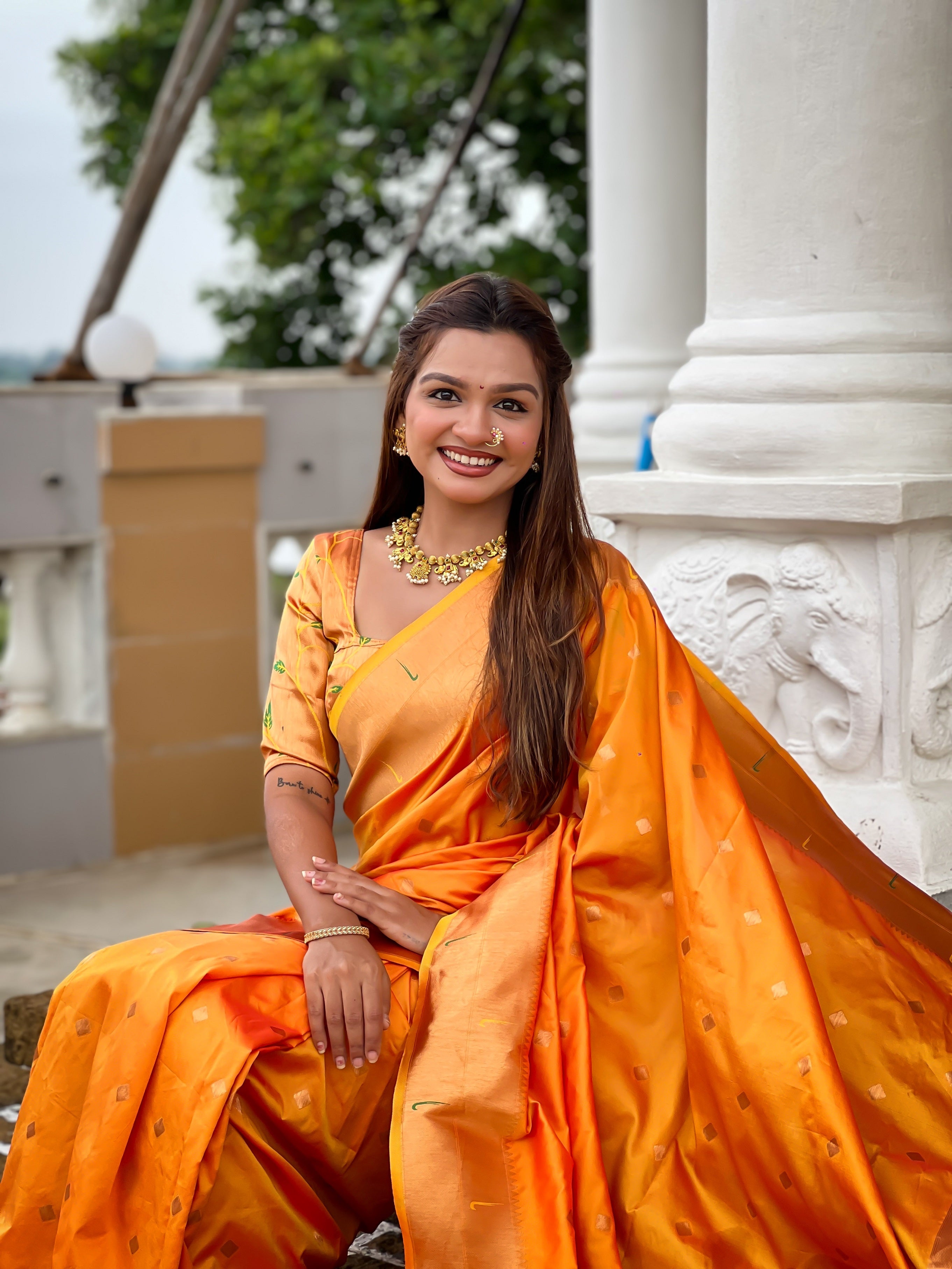 Vedant Vastram Soft Litchi Silk Paithani Jacquard Saree - Mustard