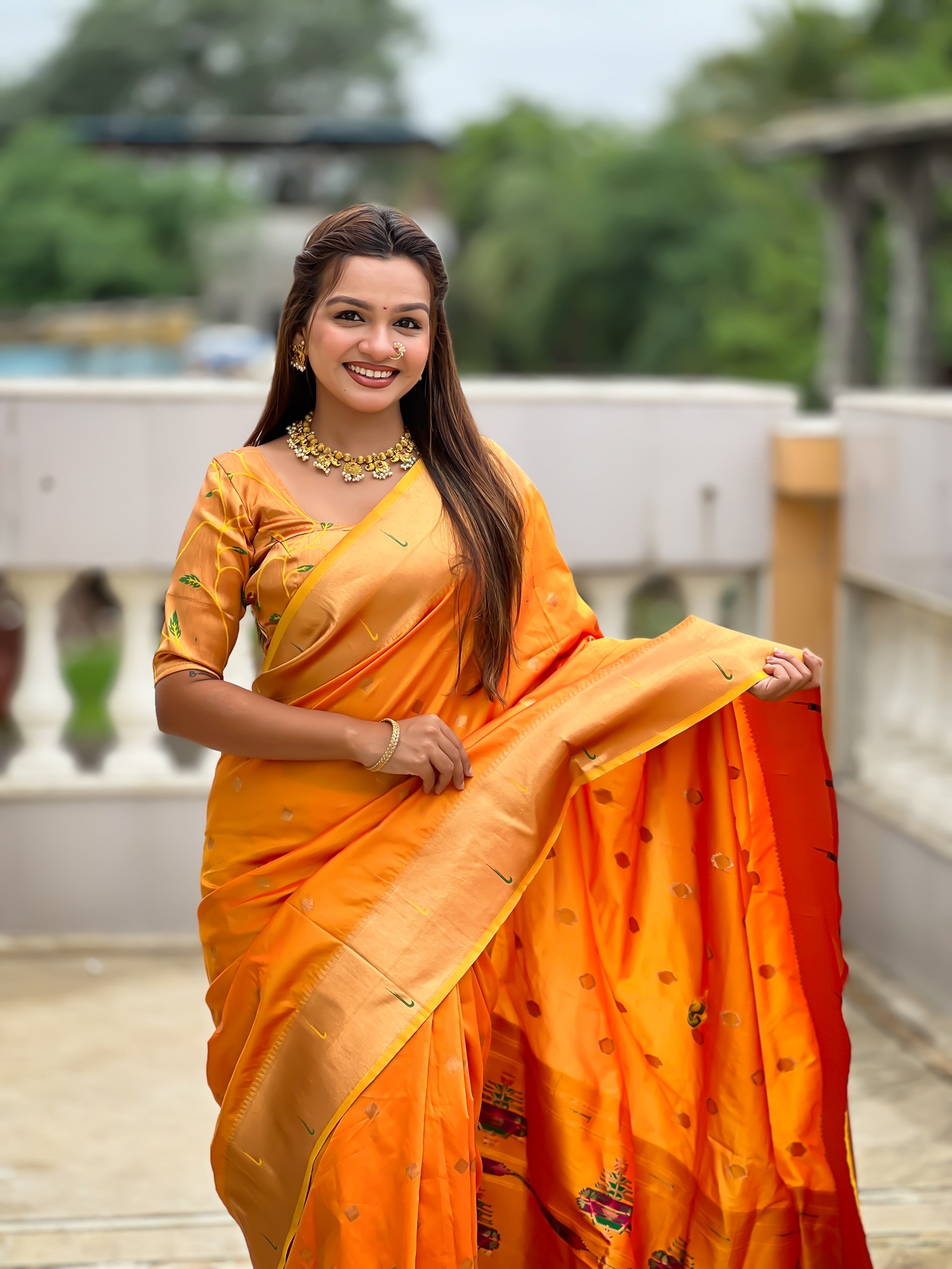 Vedant Vastram Soft Litchi Silk Paithani Jacquard Saree - Mustard