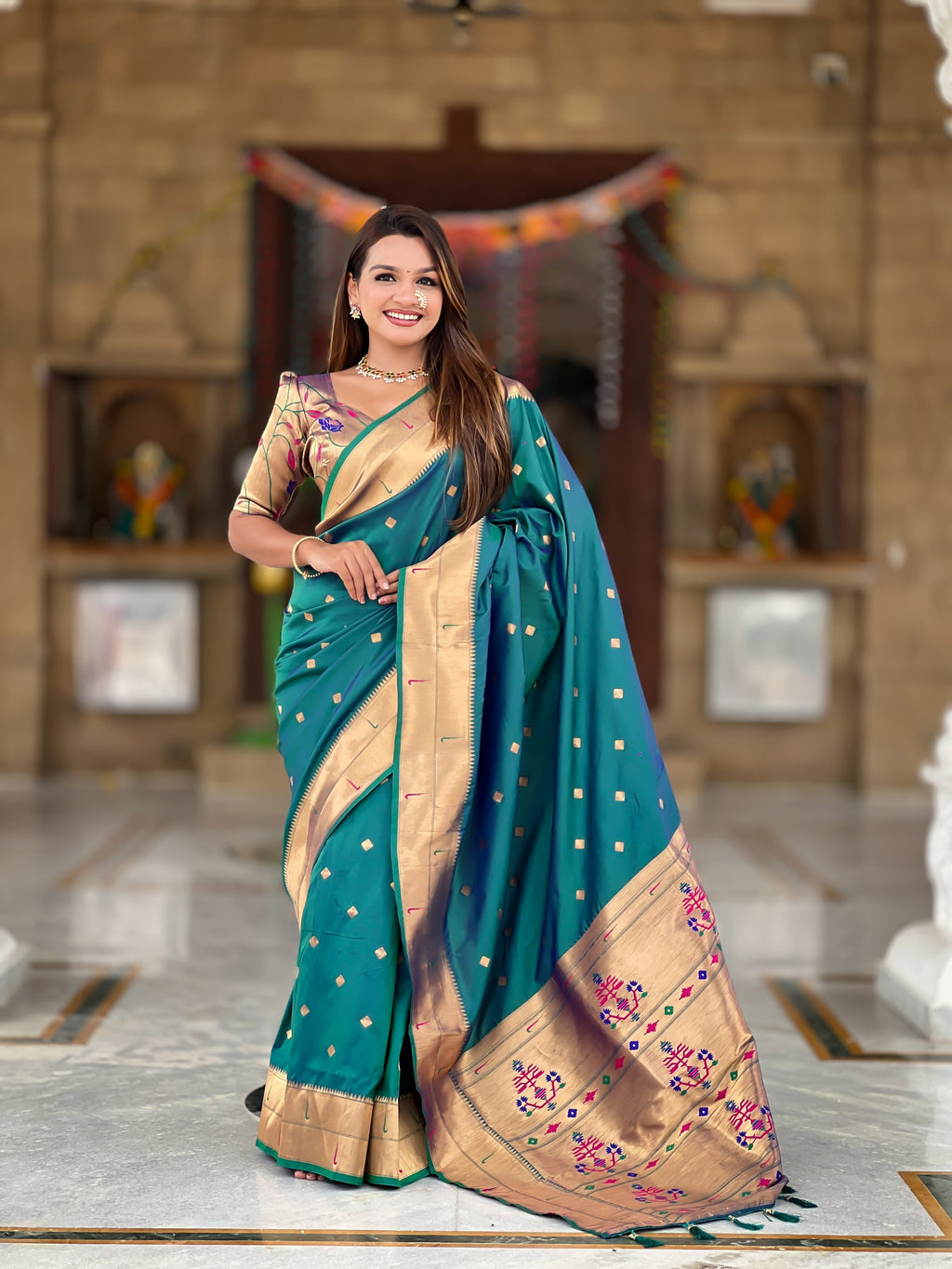 Vedant Vastram Soft Litchi Silk Paithani Jacquard Saree - Rama