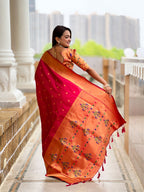Vedant Vastram Soft Litchi Silk Paithani Jacquard Saree - Pink