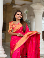 Vedant Vastram Soft Litchi Silk Paithani Jacquard Saree - Pink