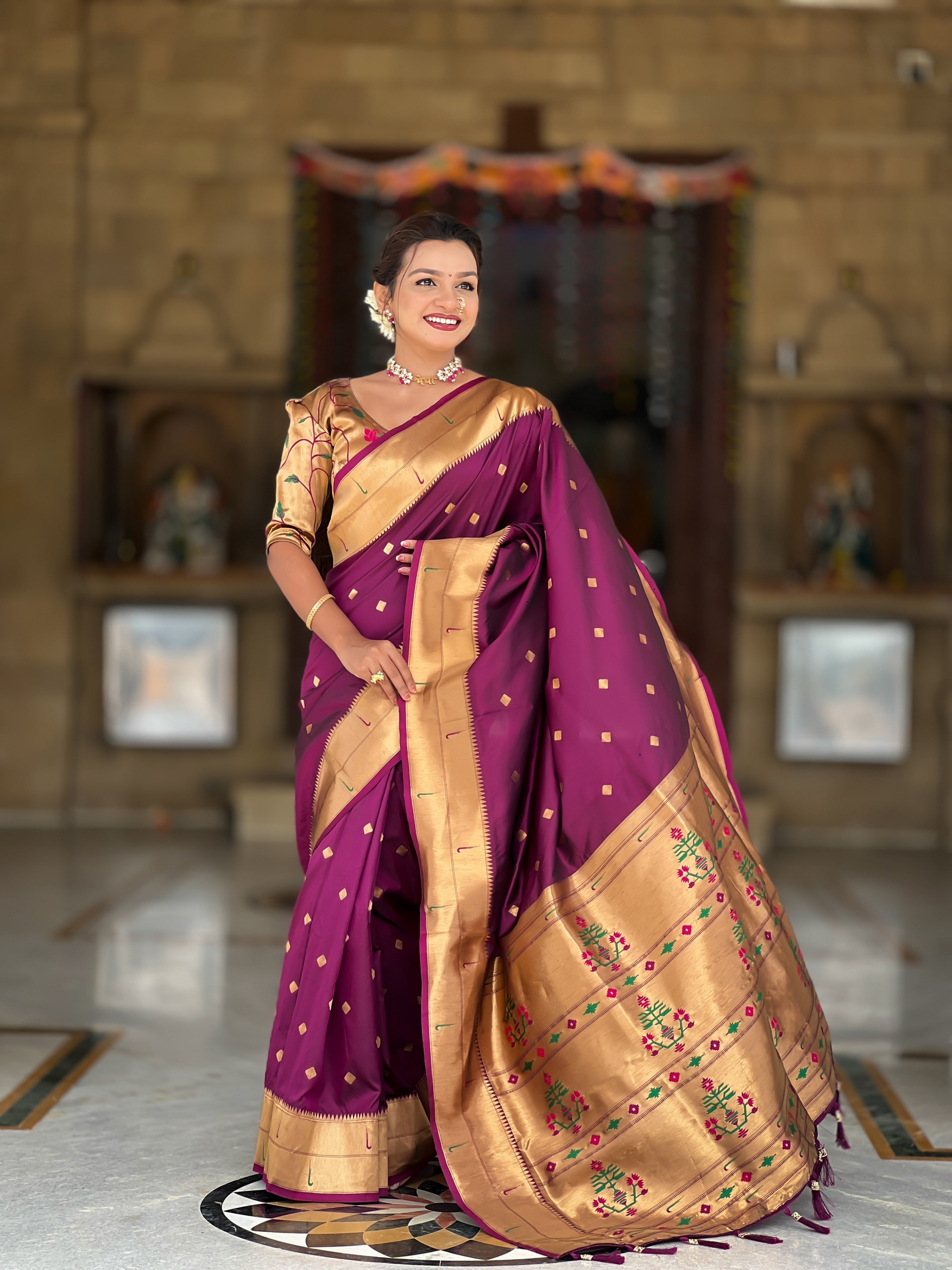 Vedant Vastram Soft Litchi Silk Paithani Jacquard Saree - Wine