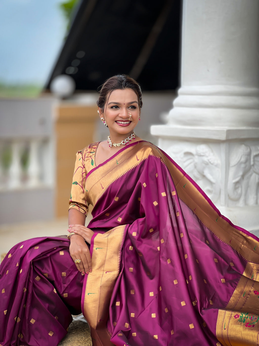 Vedant Vastram Soft Litchi Silk Paithani Jacquard Saree - Wine