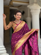 Vedant Vastram Soft Litchi Silk Paithani Jacquard Saree - Wine