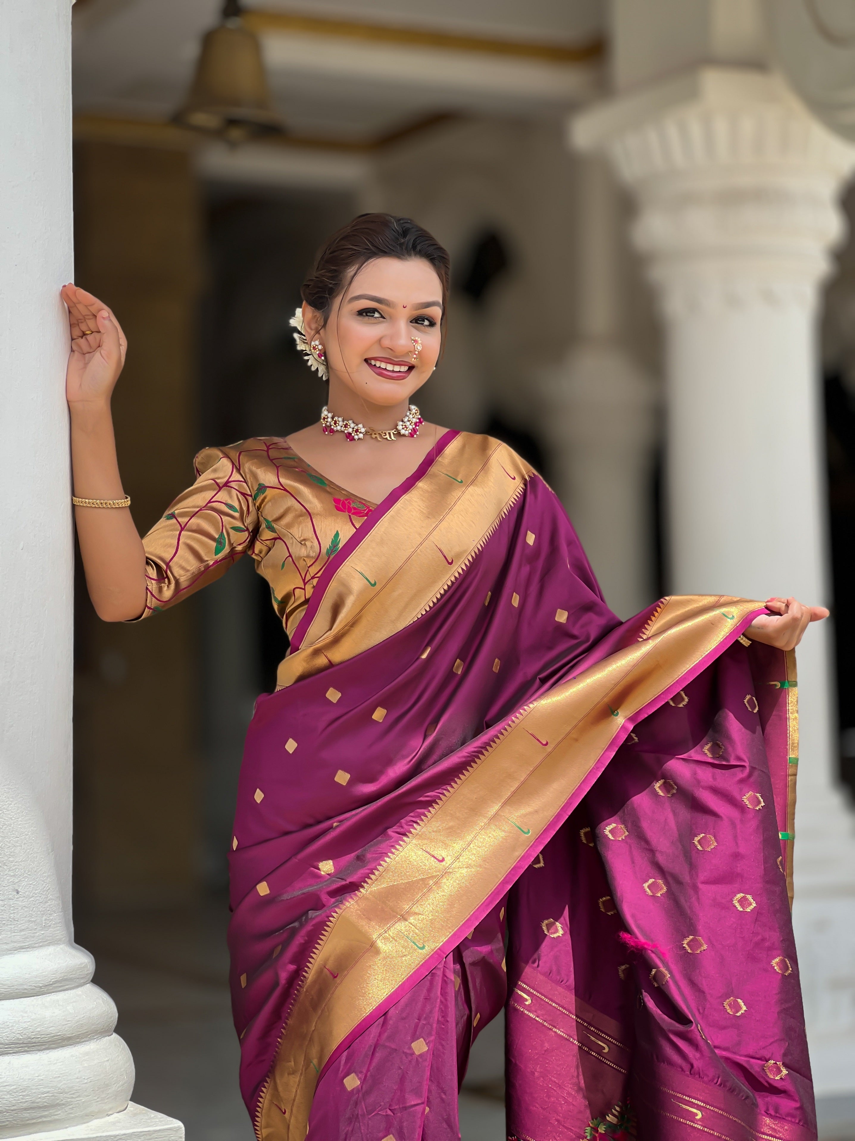 Vedant Vastram Soft Litchi Silk Paithani Jacquard Saree - Wine