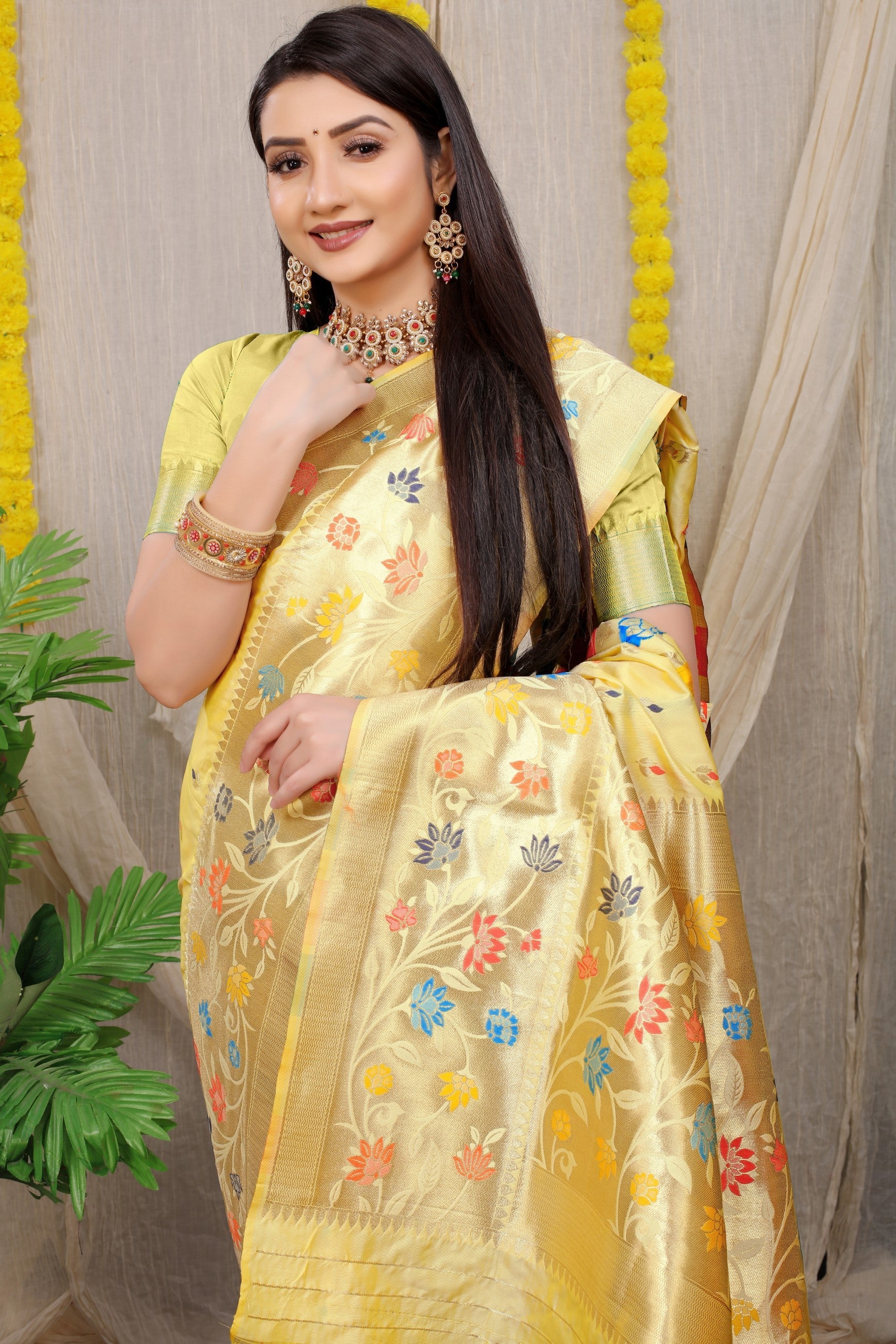Anaita Cream Woven Design Pure Silk Banarasi Saree With Blouse - Distacart