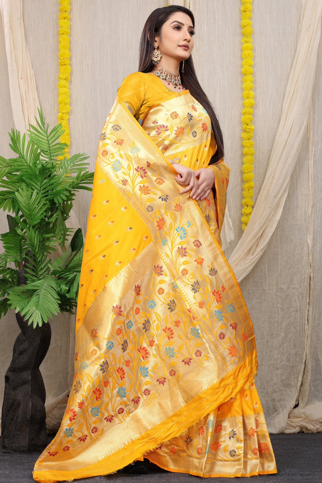 Anaita Mustard Woven Design Pure Silk Banarasi Saree With Blouse - Distacart