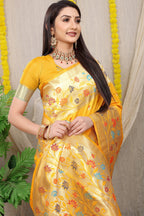 Anaita Mustard Woven Design Pure Silk Banarasi Saree With Blouse - Distacart