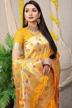Anaita Mustard Woven Design Pure Silk Banarasi Saree With Blouse - Distacart