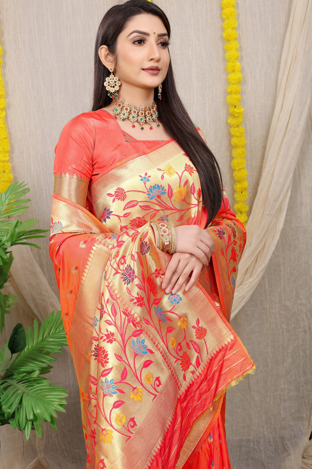 Anaita Peach Woven Design Pure Silk Banarasi Saree With Blouse - Distacart