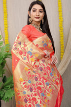 Anaita Peach Woven Design Pure Silk Banarasi Saree With Blouse - Distacart