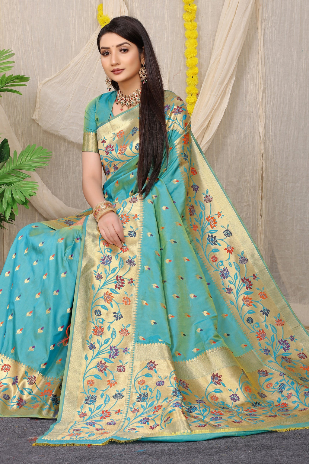 Anaita Sky Woven Design Pure Silk Banarasi Saree With Blouse - Distacart