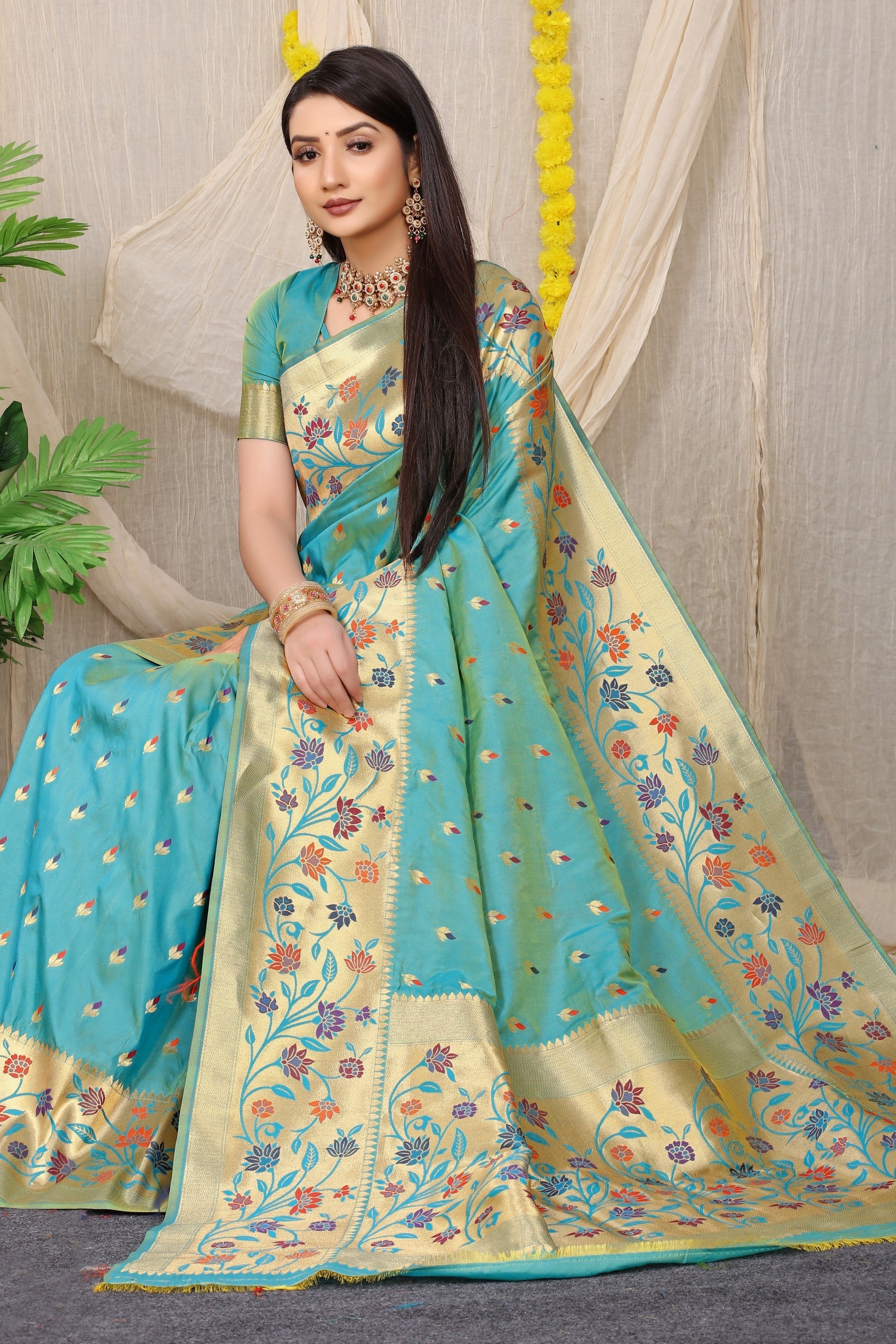 Anaita Sky Woven Design Pure Silk Banarasi Saree With Blouse - Distacart