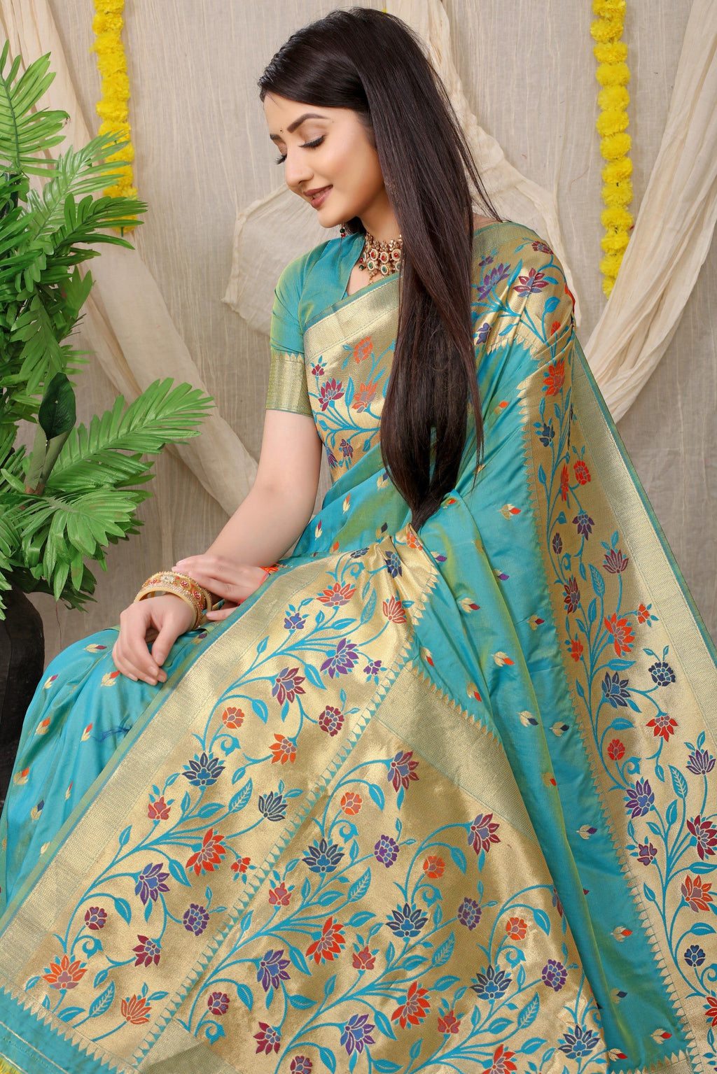Anaita Sky Woven Design Pure Silk Banarasi Saree With Blouse - Distacart