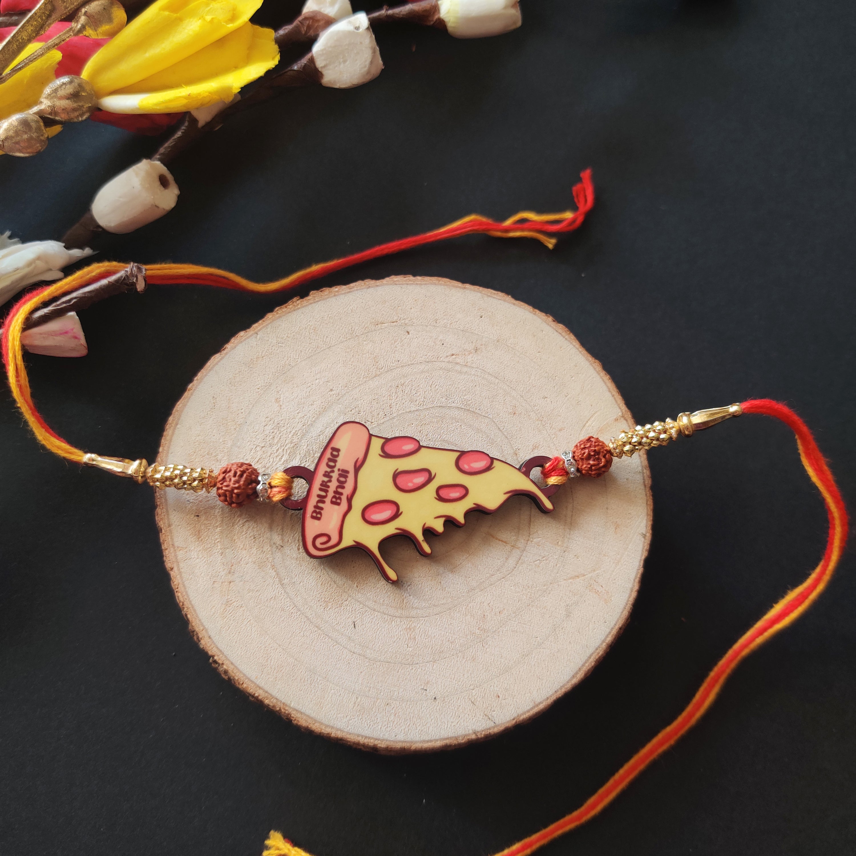 Indianvibez Bhukkad Bhai Pizza Wooden Rakhi with Rudraksha, Food Rakhi for Brother, Shop India - Kids Rakhi - Distacart