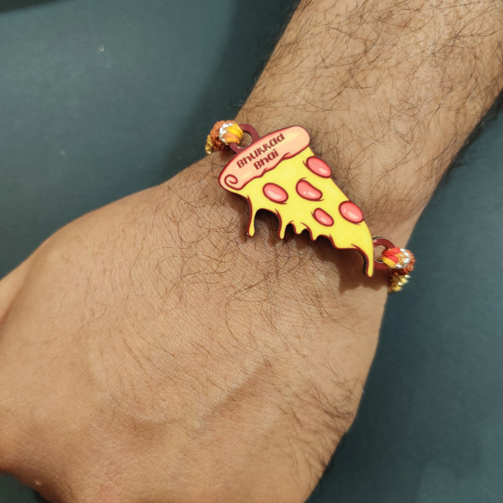 Indianvibez Bhukkad Bhai Pizza Wooden Rakhi with Rudraksha, Food Rakhi for Brother, Shop India - Kids Rakhi - Distacart