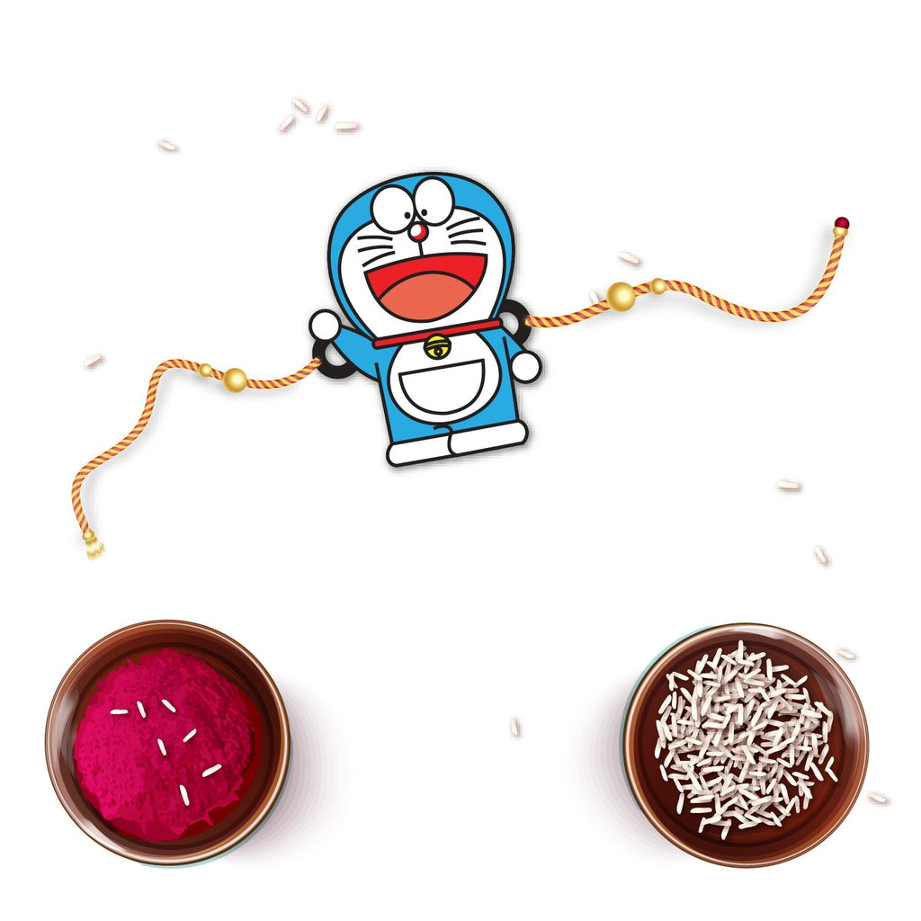 Indianvibez Doraemon Wooden Rakhi with Rudraksha, Cartoon Rakhi for Bro, Shop India - Kids Rakhi