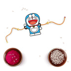 Indianvibez Doraemon Wooden Rakhi with Rudraksha, Cartoon Rakhi for Bro, Shop India - Kids Rakhi