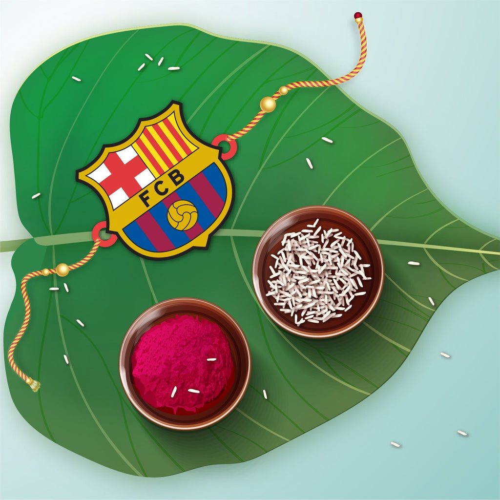 Indianvibez FC Barcelona Wooden Rakhi with Rudraksha, Barca Rakhi for Bro, Shop India - Kids Rakhi - Distacart