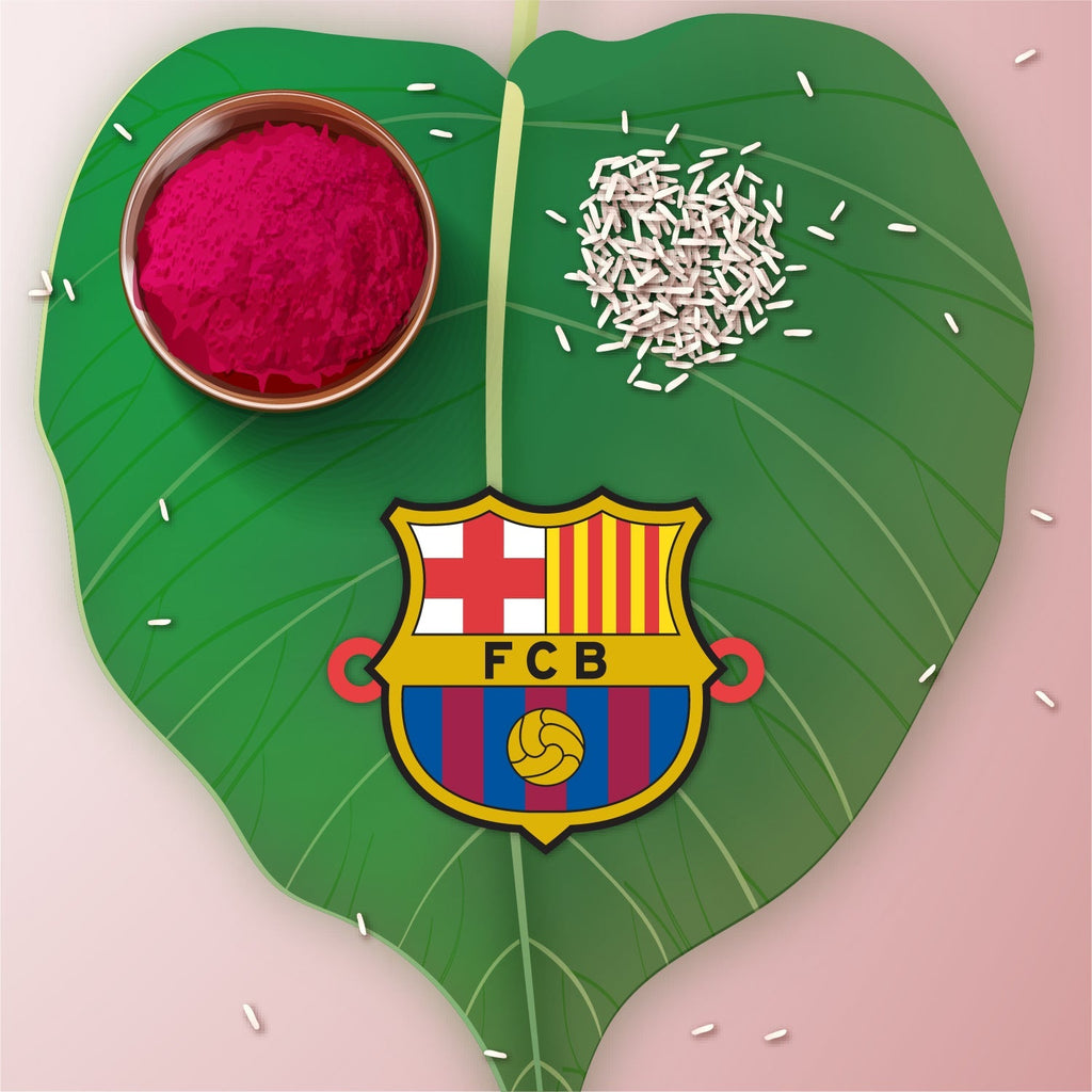 Indianvibez FC Barcelona Wooden Rakhi with Rudraksha, Barca Rakhi for Bro, Shop India - Kids Rakhi - Distacart