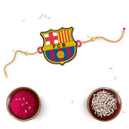 Indianvibez FC Barcelona Wooden Rakhi with Rudraksha, Barca Rakhi for Bro, Shop India - Kids Rakhi - Distacart