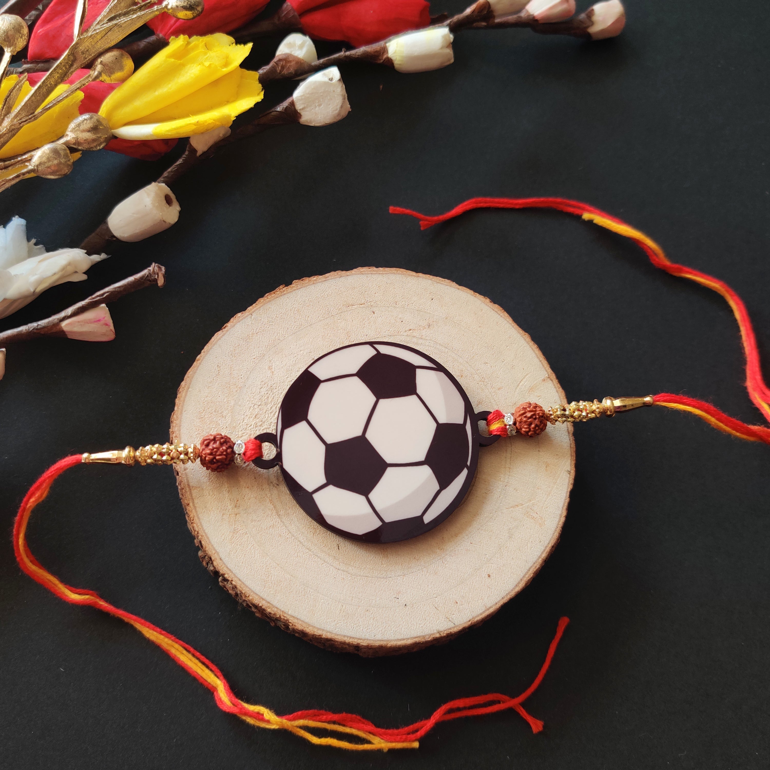 Indianvibez Football Wooden Rakhi with Rudraksha, Soccer Rakhi for Bro, Shop India - Kids Rakhi - Distacart