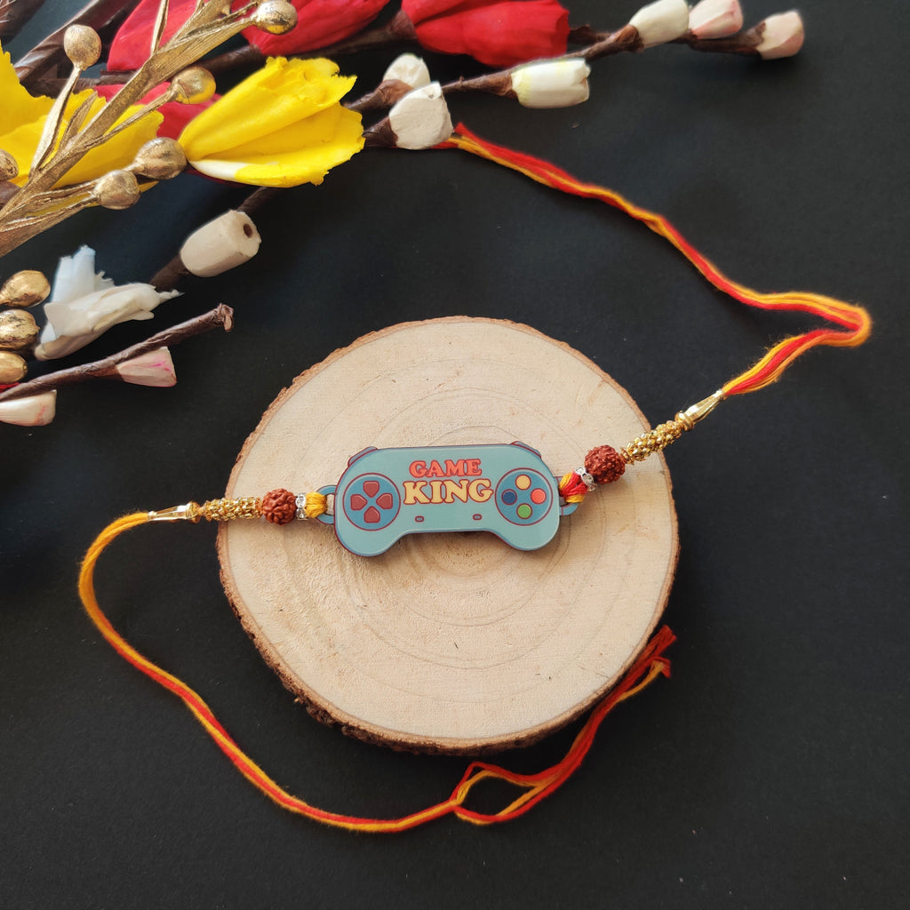 Indianvibez Gamer King Bhai Wooden Rakhi with Rudraksha, Gaming Rakhi for Bro, Shop India - Kids Rakhi - Distacart