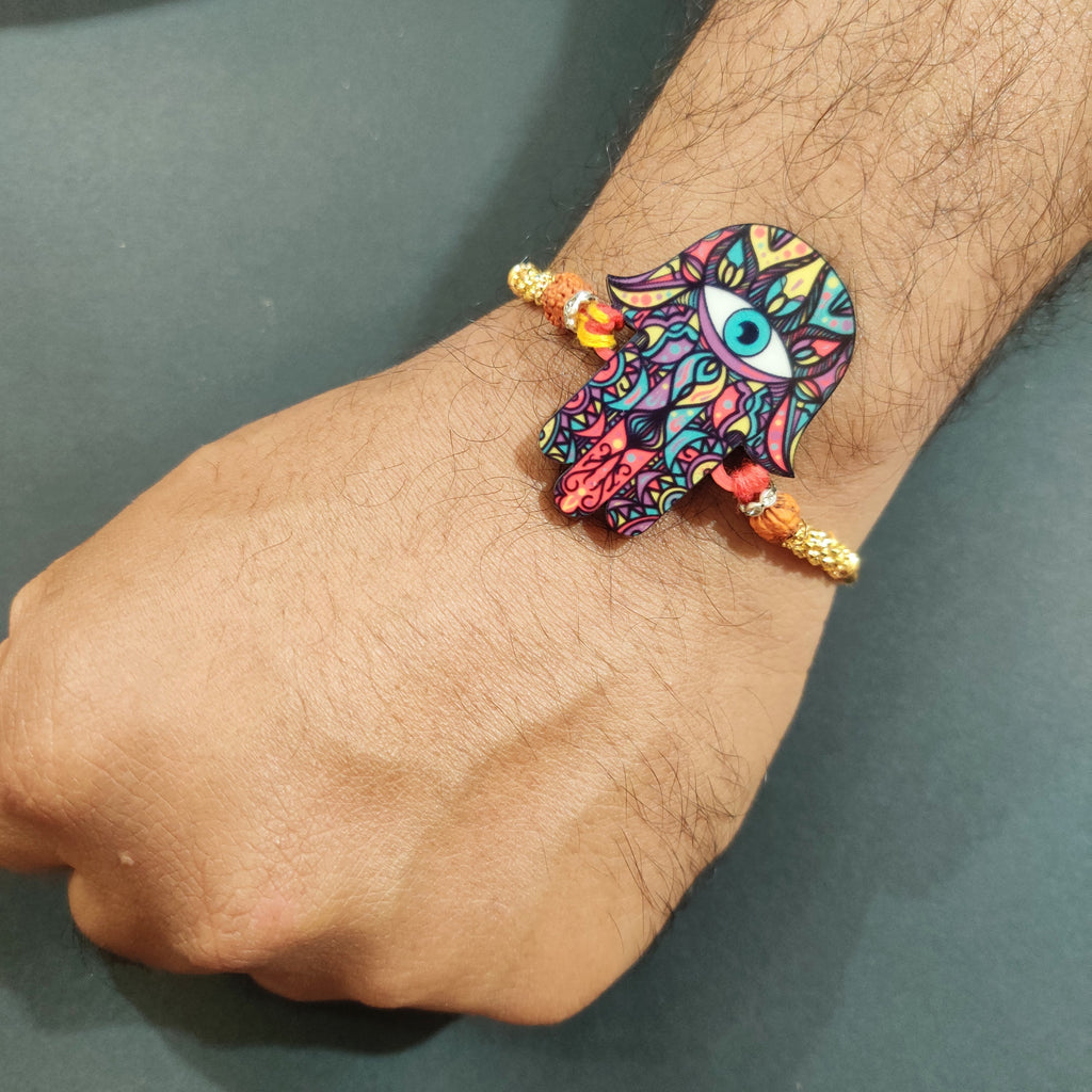 Indianvibez Protective Hamsa Rakhi, Wooden Rakhi with Rudraksha Thread - Kids Rakhi