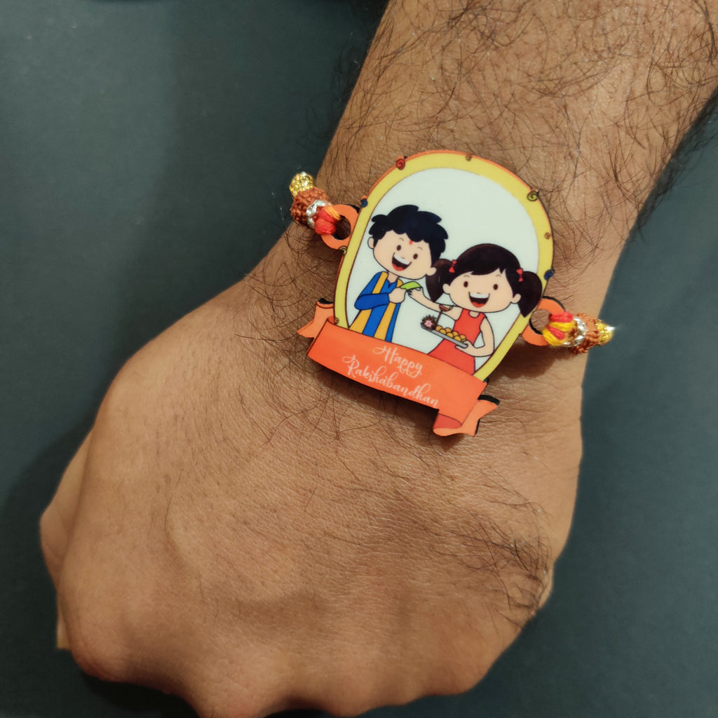 Indianvibez Happy Rakshabandhan Wooden Rakhi with Rudraksha, Traditional Rakhi for Brother, Shop India - Kids Rakhi