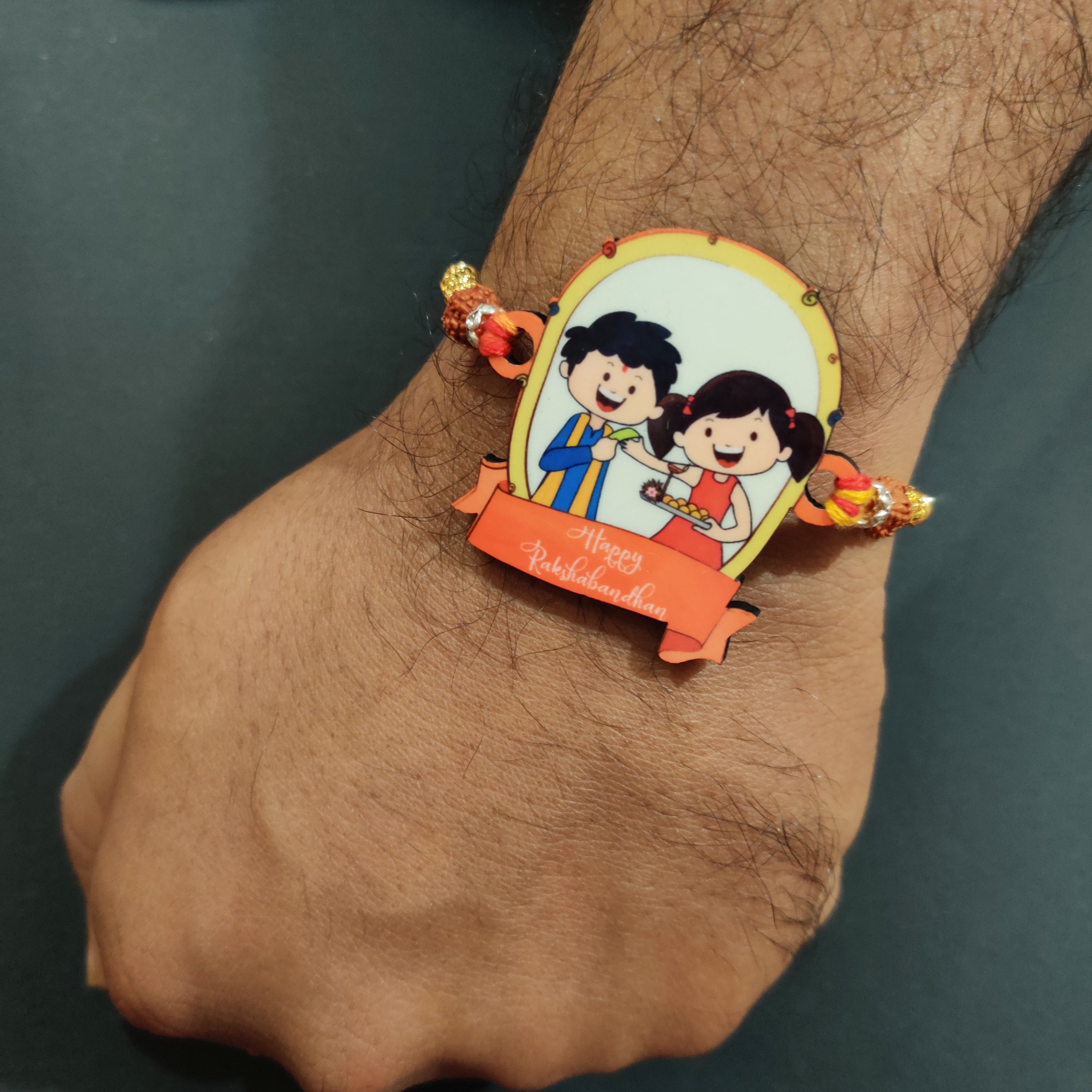 Indianvibez Happy Rakshabandhan Wooden Rakhi with Rudraksha, Traditional Rakhi for Brother, Shop India - Kids Rakhi