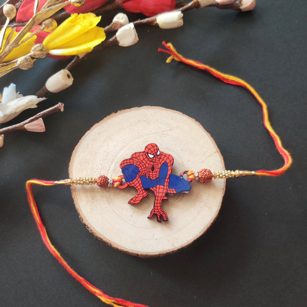 Indianvibez Spiderman Wooden Rakhi with Rudraksha, Superhero Rakhi for Kids & Bro, Shop India - Kids Rakhi