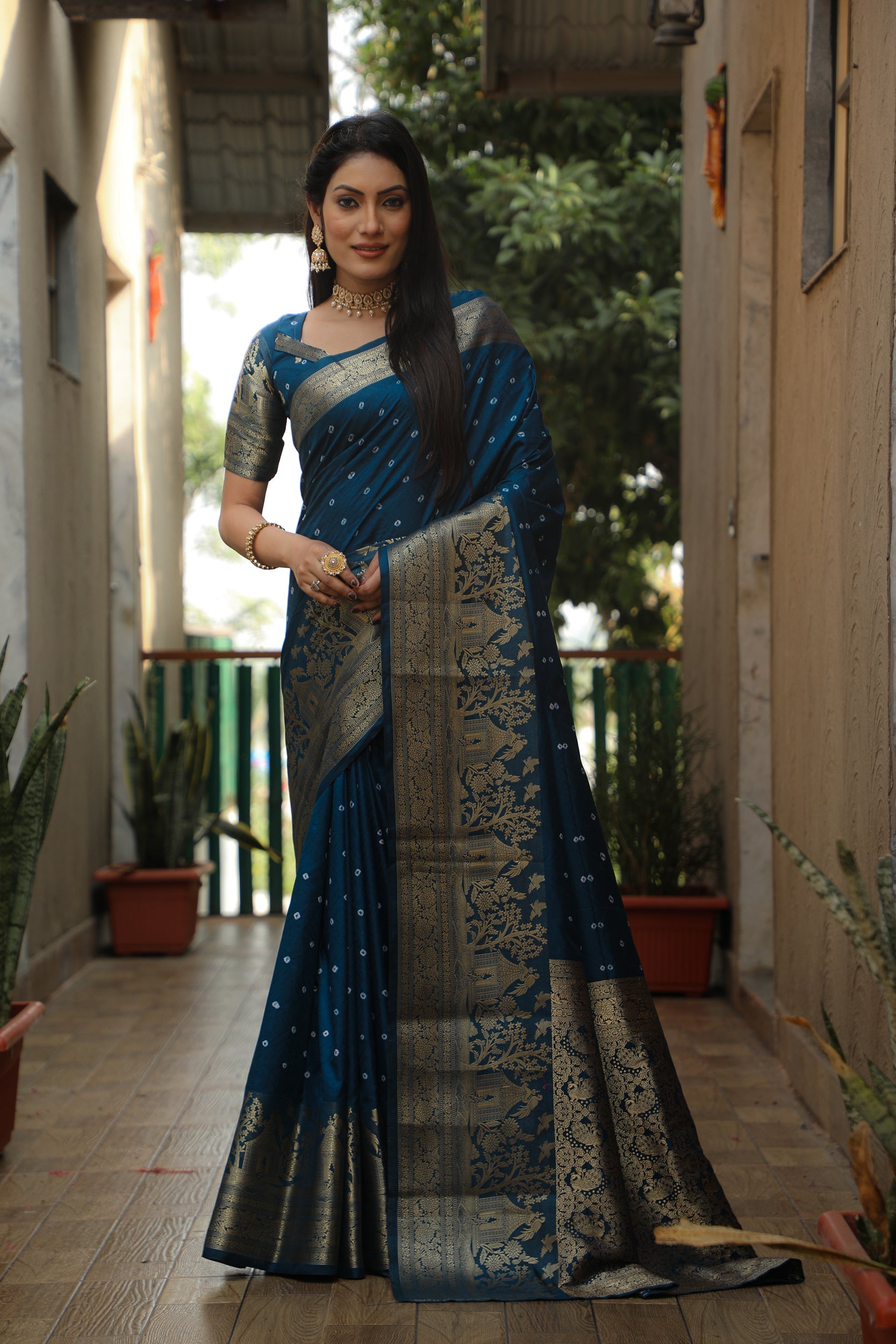 Lorenvalley Premium Pure Handmade Bandhej Kanjivaram silk saree with Zari Weaving Rich Pallu saree - Rama