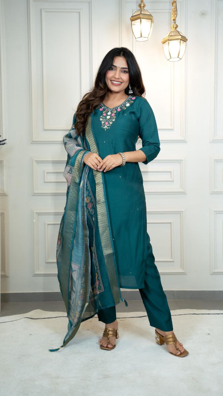 Lorenvalley Fashion Rama Roman Silk Hand Work Kurta Pant with Dupatta - Distacart