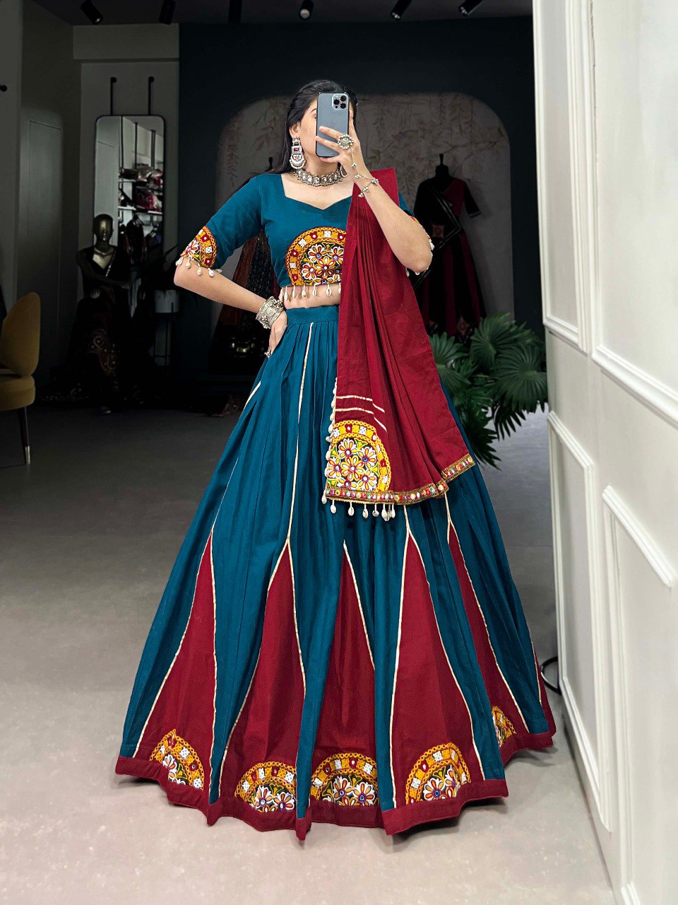 Lorenvalley Pure Cotton Rama Plain And Gamthi Patch Work With Gota Patti Lehenga Choli with Dupatta