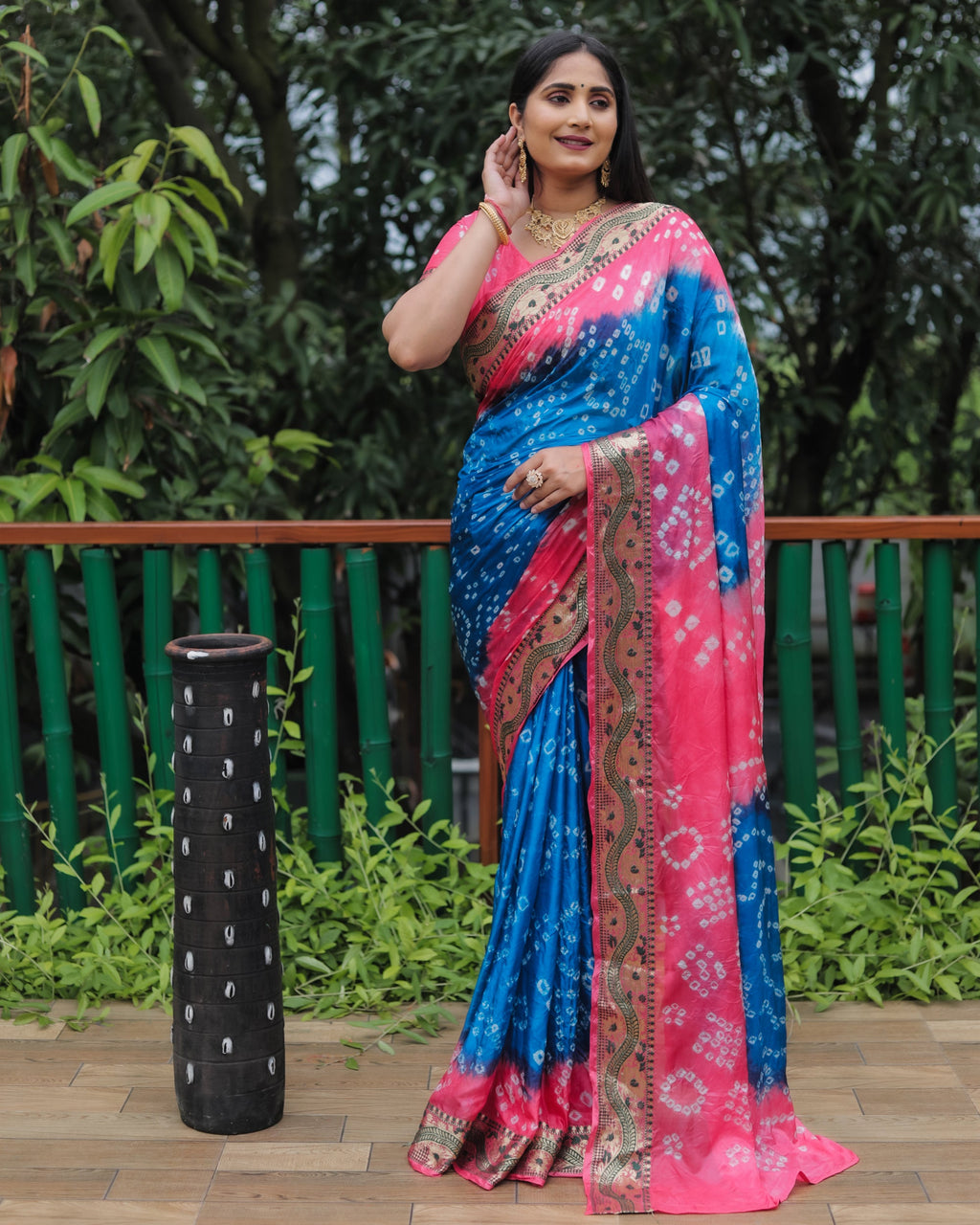Lorenvalley Premium Pure Bandhej Tapeta Soft light weight silk saree with zari weaving Border - Multicolor