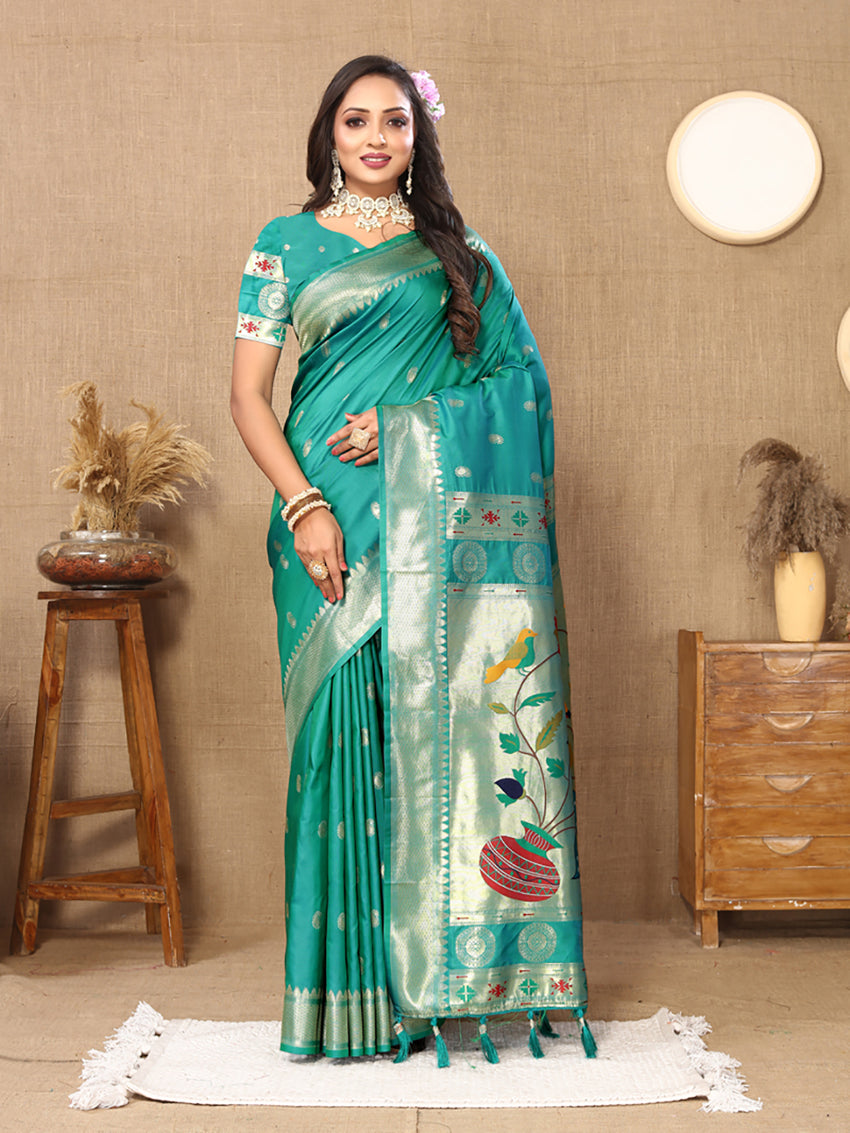 Lorenvalley Fashion Rama Soft Paithani Silk Woven Design Rich Zari Meenakari Weaving Saree